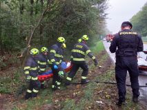 Obrazem včerejší nehoda na Hradubické: Muže museli ze zcela zdemolované kabiny vystříhat hasiči, při vyprošťování vozidla káceli stromy