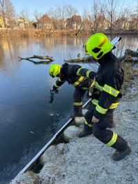 Led na rybnících je ještě na bruslení slabý, hasiči provedli zkoušku na Matičním jezeře