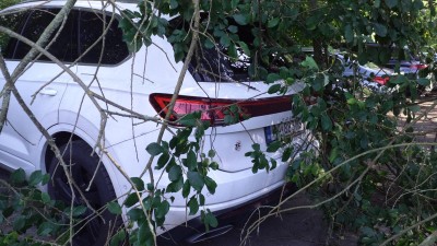 Těžká větev stromu poškodila několik aut parkujících u golfového hřiště