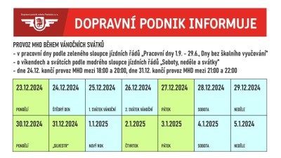 Nezapomeňte na změnu jízdních řádů MHD během vánočních svátků